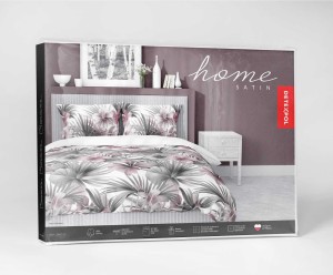 37355Pościel satynowa 220x200 Biała z liśćmi palmowymi i różowymi hibiskusami – styl tropikalny, 100% bawełna - 5479 B - Home Satin 71-5