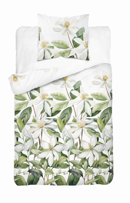 37362Pościel satynowa 140x200 Biała z zielonymi liśćmi i kwiatami – botaniczna świeżość, 100% bawełna - 5481 A - Home Satin 71-1