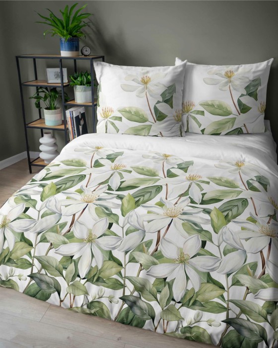37362Pościel satynowa 140x200 Biała z zielonymi liśćmi i kwiatami – botaniczna świeżość, 100% bawełna - 5481 A - Home Satin 71-2