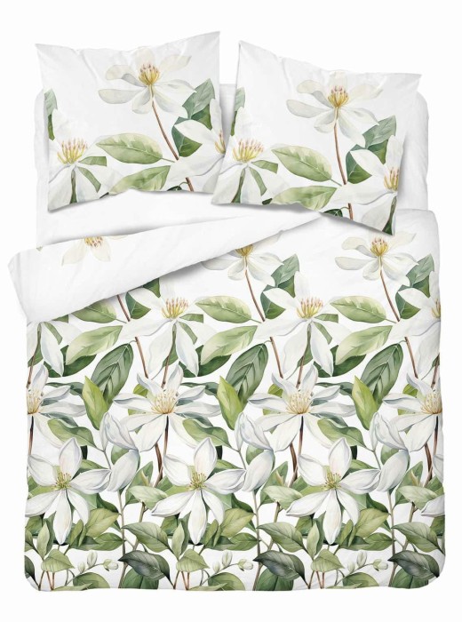 37364Pościel satynowa 220x200 Biała z zielonymi liśćmi i kwiatami – botaniczna świeżość, 100% bawełna - 5481 A - Home Satin 71-1