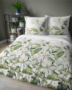 37364Pościel satynowa 220x200 Biała z zielonymi liśćmi i kwiatami – botaniczna świeżość, 100% bawełna - 5481 A - Home Satin 71-2