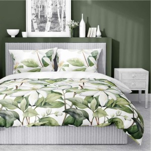 37364Pościel satynowa 220x200 Biała z zielonymi liśćmi i kwiatami – botaniczna świeżość, 100% bawełna - 5481 A - Home Satin 71-3