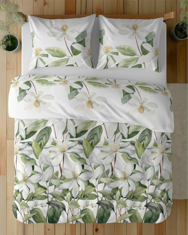 37364Pościel satynowa 220x200 Biała z zielonymi liśćmi i kwiatami – botaniczna świeżość, 100% bawełna - 5481 A - Home Satin 71-4