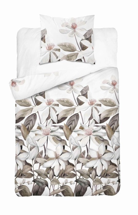 37365Pościel satynowa 140x200 Biała z beżowymi liśćmi i kwiatami – naturalna elegancja, 100% bawełna - 5481 B - Home Satin 71-1