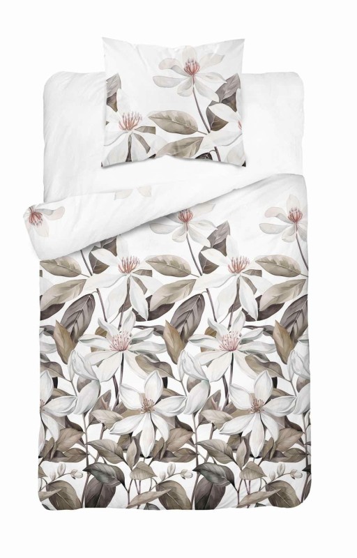 37365Pościel satynowa 140x200 Biała z beżowymi liśćmi i kwiatami – naturalna elegancja, 100% bawełna - 5481 B - Home Satin 71-1