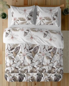 37365Pościel satynowa 140x200 Biała z beżowymi liśćmi i kwiatami – naturalna elegancja, 100% bawełna - 5481 B - Home Satin 71-2