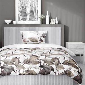 37365Pościel satynowa 140x200 Biała z beżowymi liśćmi i kwiatami – naturalna elegancja, 100% bawełna - 5481 B - Home Satin 71-3