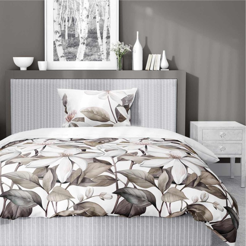37365Pościel satynowa 140x200 Biała z beżowymi liśćmi i kwiatami – naturalna elegancja, 100% bawełna - 5481 B - Home Satin 71-3