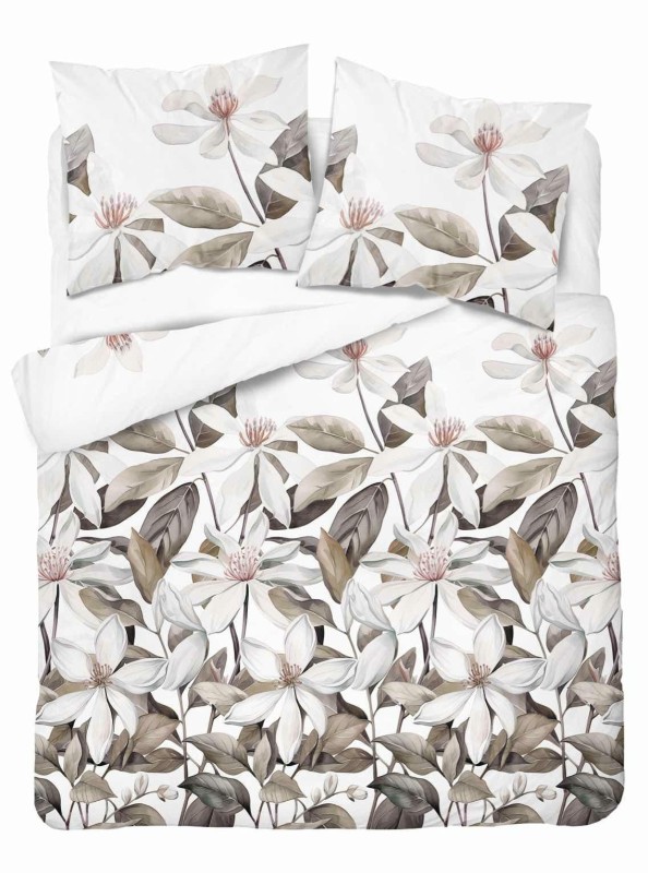 Pościel satynowa 160x200 Home Satin 71 Biała z beżowymi liśćmi i kwiatami-2