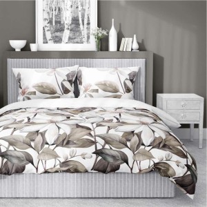 Pościel satynowa 160x200 Home Satin 71 Biała z beżowymi liśćmi i kwiatami-1