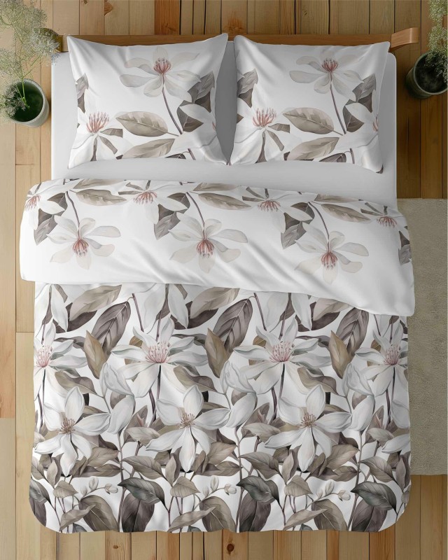 Pościel satynowa 160x200 Home Satin 71 Biała z beżowymi liśćmi i kwiatami-4