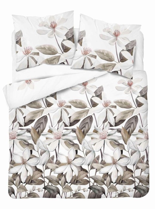 37367Pościel satynowa 220x200 Biała z beżowymi liśćmi i kwiatami – naturalna elegancja, 100% bawełna - 5481 B - Home Satin 71-1