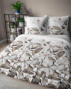 37367Pościel satynowa 220x200 Biała z beżowymi liśćmi i kwiatami – naturalna elegancja, 100% bawełna - 5481 B - Home Satin 71-2