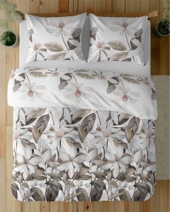 37367Pościel satynowa 220x200 Biała z beżowymi liśćmi i kwiatami – naturalna elegancja, 100% bawełna - 5481 B - Home Satin 71-4