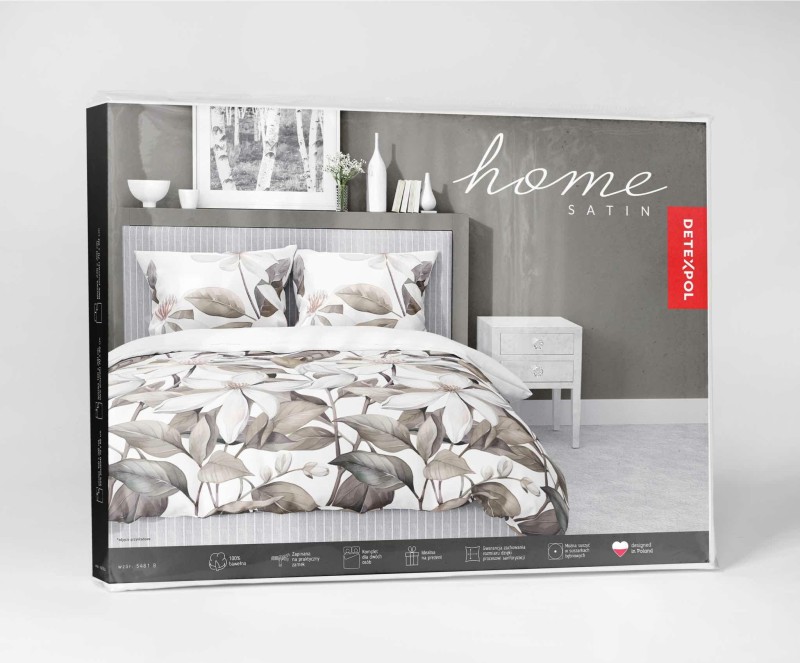 37367Pościel satynowa 220x200 Biała z beżowymi liśćmi i kwiatami – naturalna elegancja, 100% bawełna - 5481 B - Home Satin 71-5