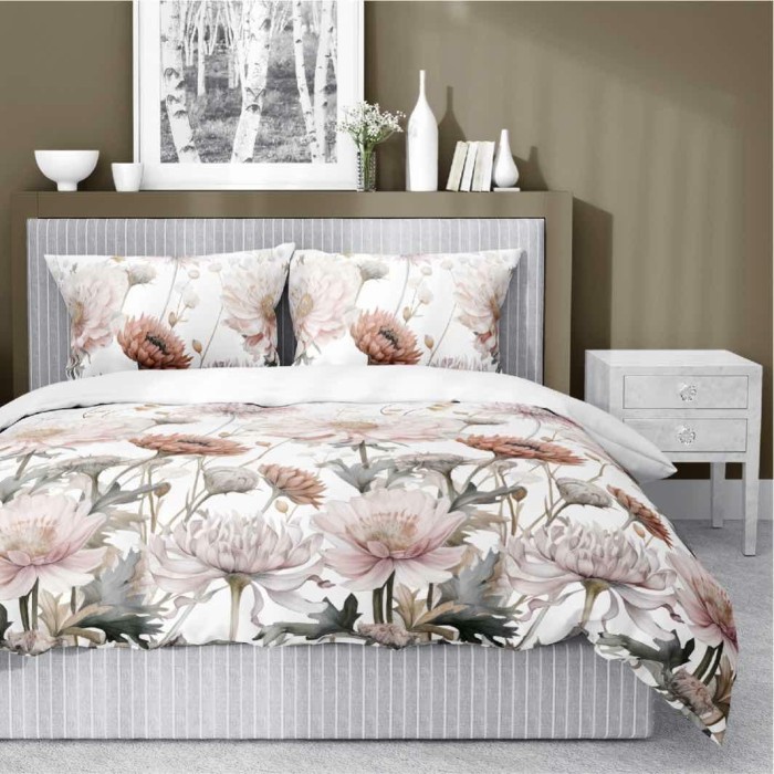 Pościel satynowa 160x200 Home Satin 71 biała w pudrowe kwiaty-1