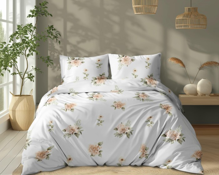 37455Pościel bawełniana 220x200 Biała w beżowe róże – elegancki wzór vintage, 100% bawełna - 5342 A - Soft Meadow-1