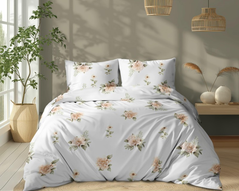 37455Pościel bawełniana 220x200 Biała w beżowe róże – elegancki wzór vintage, 100% bawełna - 5342 A - Soft Meadow-1