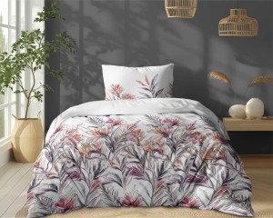 37466Pościel bawełniana biała z tropikalnymi kwiatami i liśćmi akwarelowymi – 140x200 – kolekcja Naturalis – wzór 5504 A-2