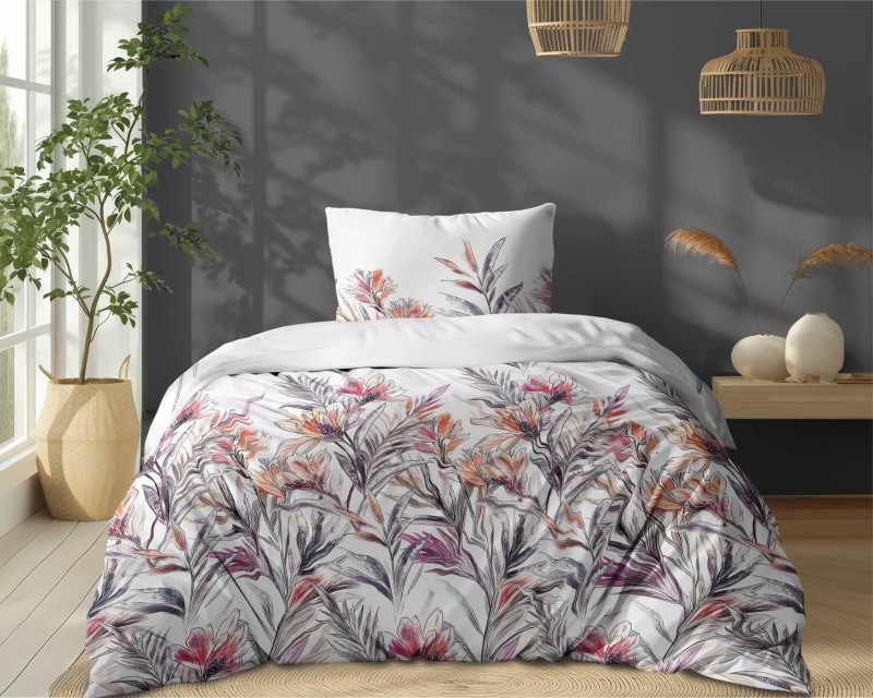 37466Pościel bawełniana biała z tropikalnymi kwiatami i liśćmi akwarelowymi – 140x200 – kolekcja Naturalis – wzór 5504 A-2