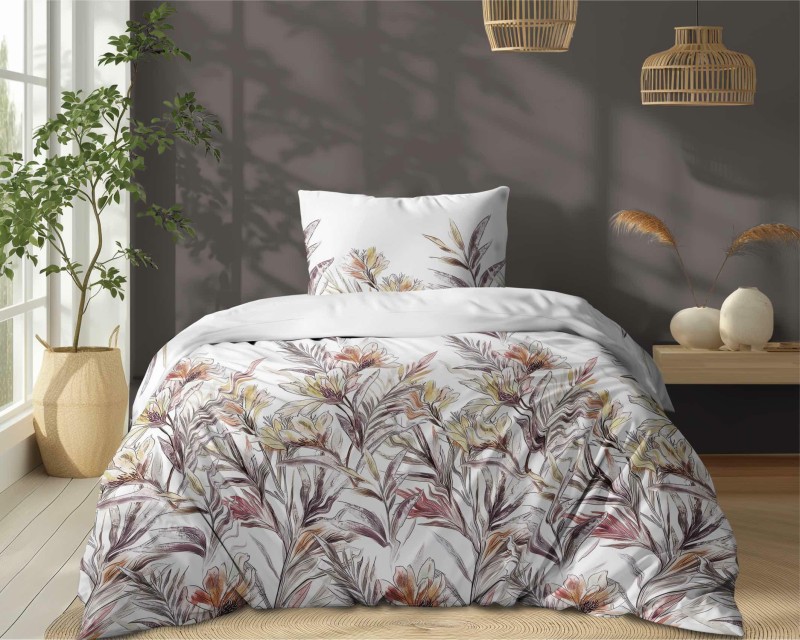 37467Pościel bawełniana biała z tropikalnymi kwiatami w ziemistych tonach – 140x200 – kolekcja Naturalis – wzór 5504 B-2