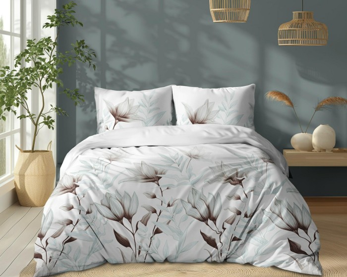 37492Pościel bawełniana biała w kwiaty i liście miętowo-brązowe – 220x200 cm – kolekcja Naturalis – wzór 5494 B-2