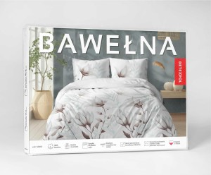 37492Pościel bawełniana biała w kwiaty i liście miętowo-brązowe – 220x200 cm – kolekcja Naturalis – wzór 5494 B-4