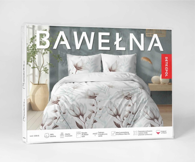 37492Pościel bawełniana biała w kwiaty i liście miętowo-brązowe – 220x200 cm – kolekcja Naturalis – wzór 5494 B-4