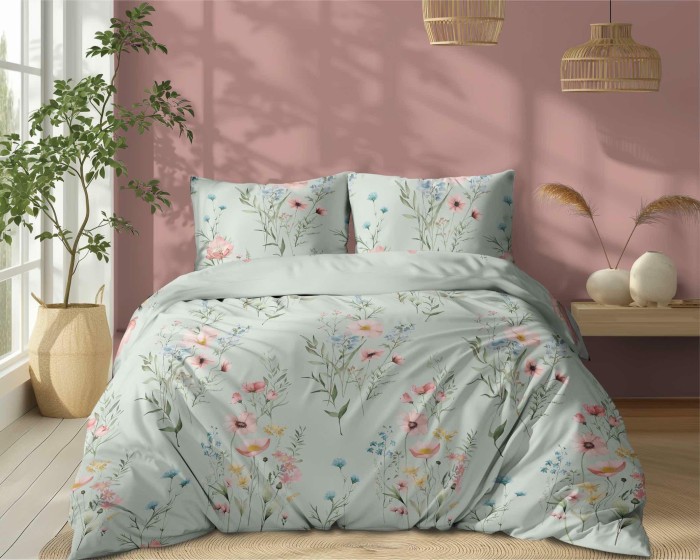 37499Pościel bawełniana miętowa w kwiaty łąkowe akwarelowe – 220x200 – kolekcja Naturalis – wzór 5499 B-2