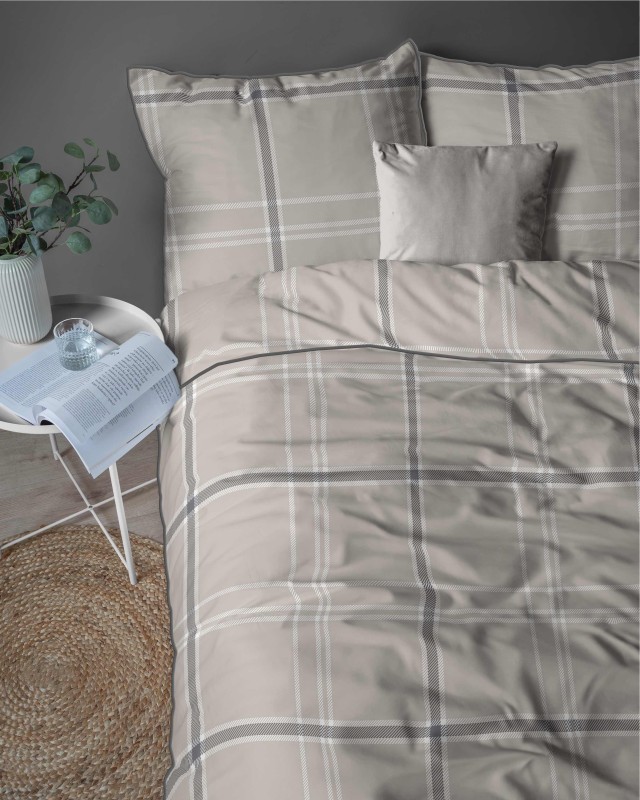 37516Pościel bawełniana szaro-beżowa w kratę – 220x200 cm – Eden – wzór 5240 B-3
