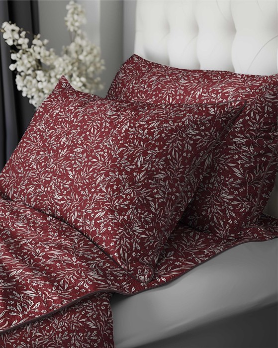 37524Pościel bawełniana bordowa z drobnym roślinnym wzorem – 220x200 cm – Eden – wzór 5588 B-2
