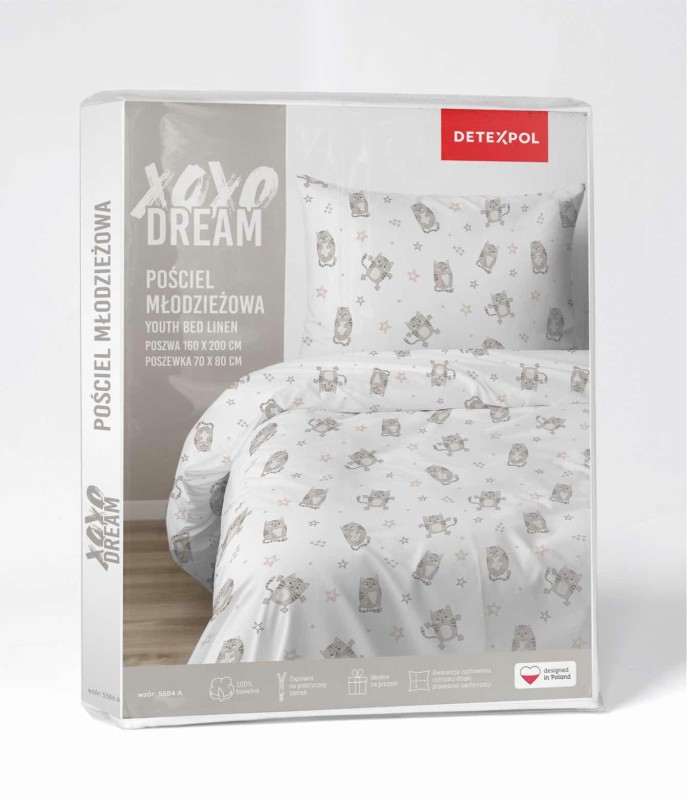 37543Pościel bawełniana 140x200 cm młodzieżowa biała w szare kotki – SweetDream – wzór 5584 A-6
