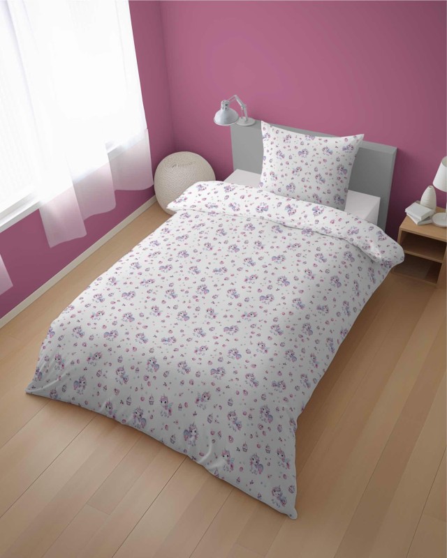 37544Pościel bawełniana 140x200 cm młodzieżowa biała w jednorożce i babeczki – SweetDream – wzór 5587 A-2