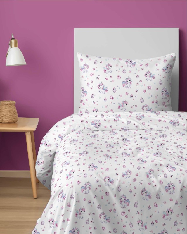 37544Pościel bawełniana 140x200 cm młodzieżowa biała w jednorożce i babeczki – SweetDream – wzór 5587 A-3