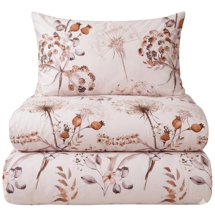 Pościel bawełniana 200x220 biała w polne rośliny, dmuchawce 3 el. Nature Earth. Pościel złożona w kostkę