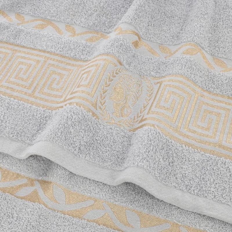 Ręcznik Aurelia Prestige 70x140 bawełniany szary 500g/m2 luksusowy, miękki i chłonny WZÓR GRECKI