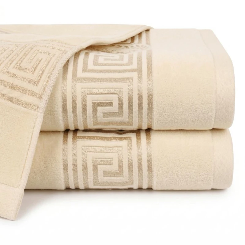 Kremowy ręcznik bawełniany 70x140 Aurelia Prestige 500g/m2 luksusowy, miękki i chłonny WZÓR GRECKI
