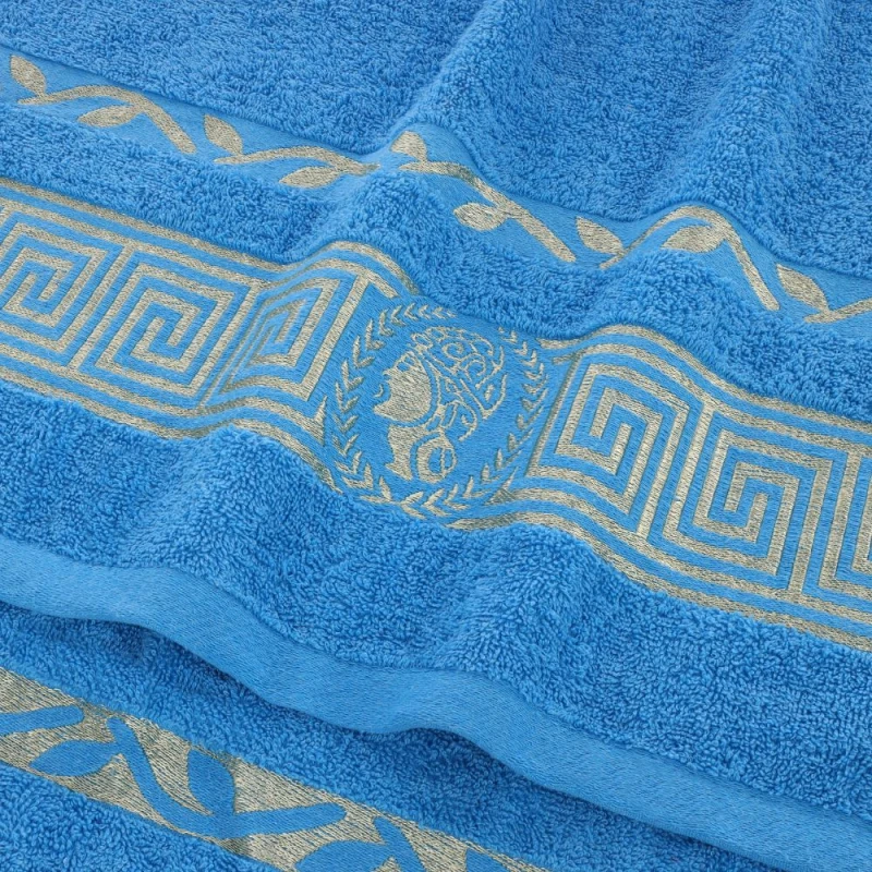 Ręcznik Aurelia Prestige 70x140 bawełniany niebieski 500g/m2 luksusowy, miękki i chłonny WZÓR GRECKI