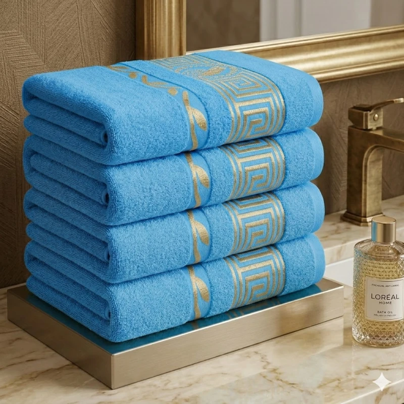 Luksusowy ręcznik bawełniany 70x140 Aurelia Prestige niebieski 500g/m2 miękki i chłonny WZÓR GRECKI