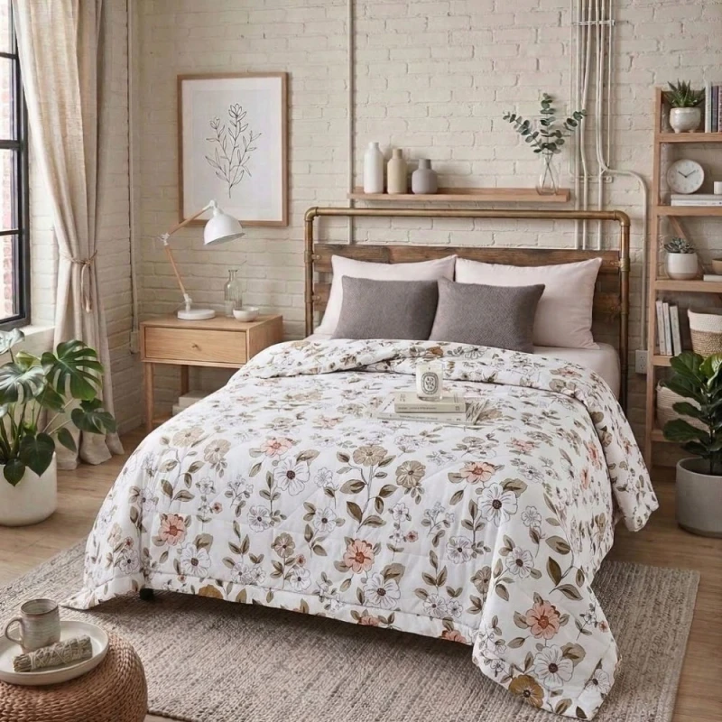 Kołdra 200x220 Letnia z Nadrukiem Cienka Lekka Antyalergiczna Delikatne Kwiaty