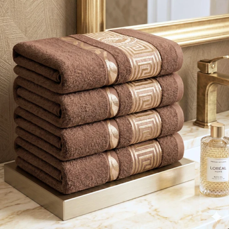 Luksusowy ręcznik bawełniany 50x100 Aurelia Prestige brązowy 500g/m2 miękki i chłonny WZÓR GRECKI
