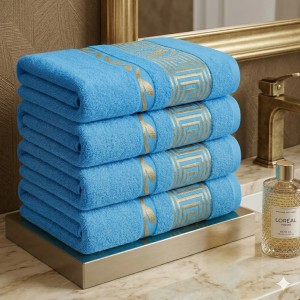 Luksusowy ręcznik bawełniany 50x100 Aurelia Prestige niebieski 500g/m2 miękki i chłonny WZÓR GRECKI