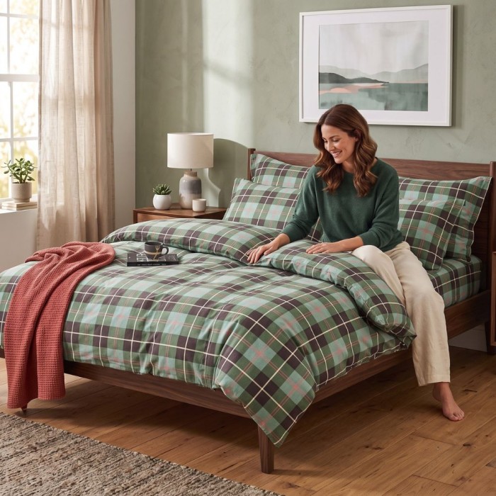 Komplet pościeli bawełnianej 200x220 3 el. Zielona Krata Green Tartan aranżacja w stylowym pokoju