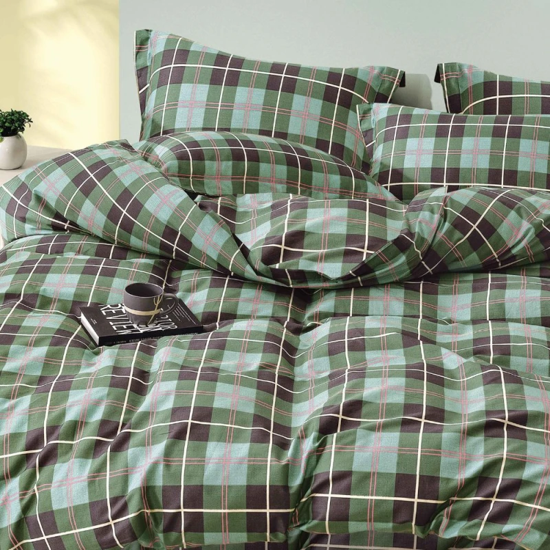 Komplet pościeli bawełnianej 200x220 3 el. Zielona Krata Green Tartan szczegóły