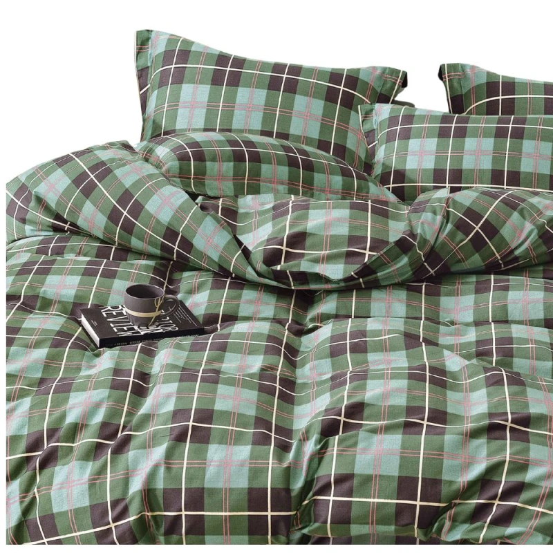 Komplet pościeli bawełnianej 200x220 3 el. Zielona Krata Green Tartan białe tło